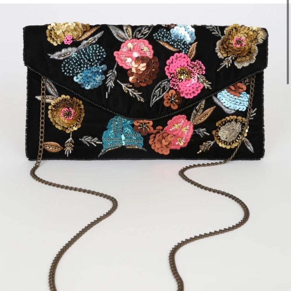 Floral Embroidered Black Clutch